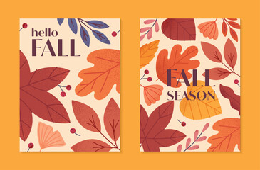 Autumn seasonal posters with leaves,ginkgo,berries and plants in fall colors.Vector modern illustrations.Trendy autumn templates for prints,ad,social media marketing,branding,packaging,covers.