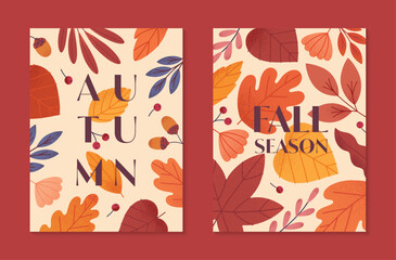 Autumn seasonal posters with leaves,ginkgo,berries,acorns and plants in fall colors.Vector modern illustrations.Trendy autumn templates for prints,ad,social media marketing,branding,packaging,covers.