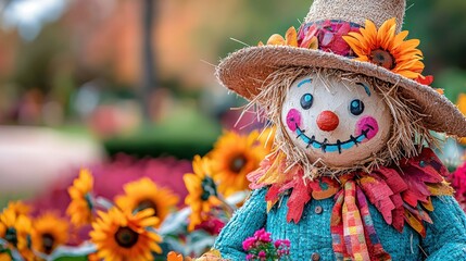 Obraz premium Colorful Scarecrow Surrounded by Sunflowers in Garden