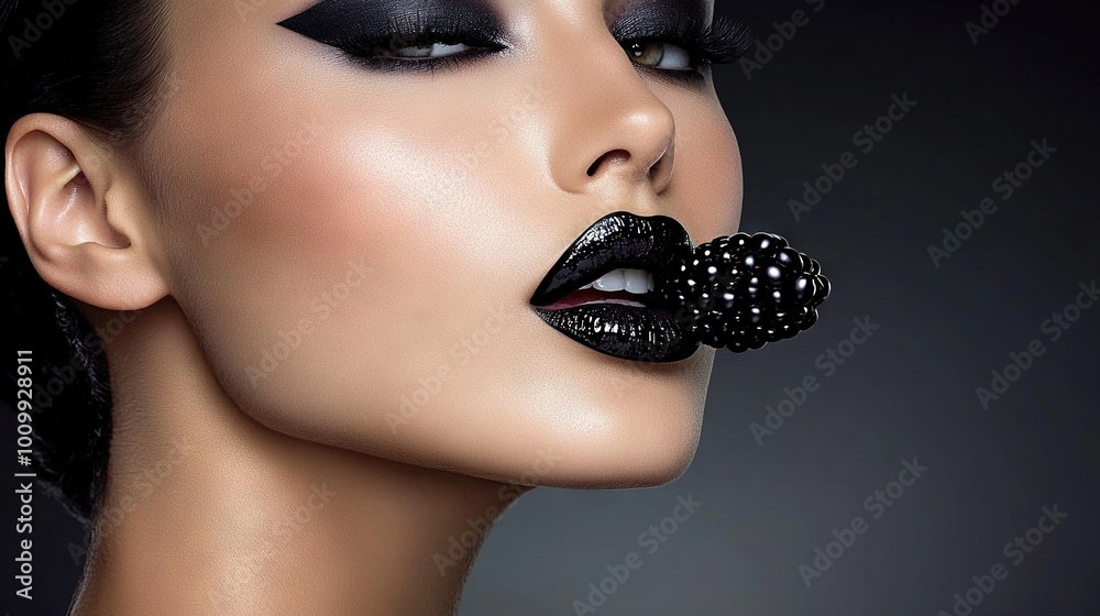 Wall mural   A woman's face in close-up, wearing black lipstick and a mustache with polka dots on her mouth