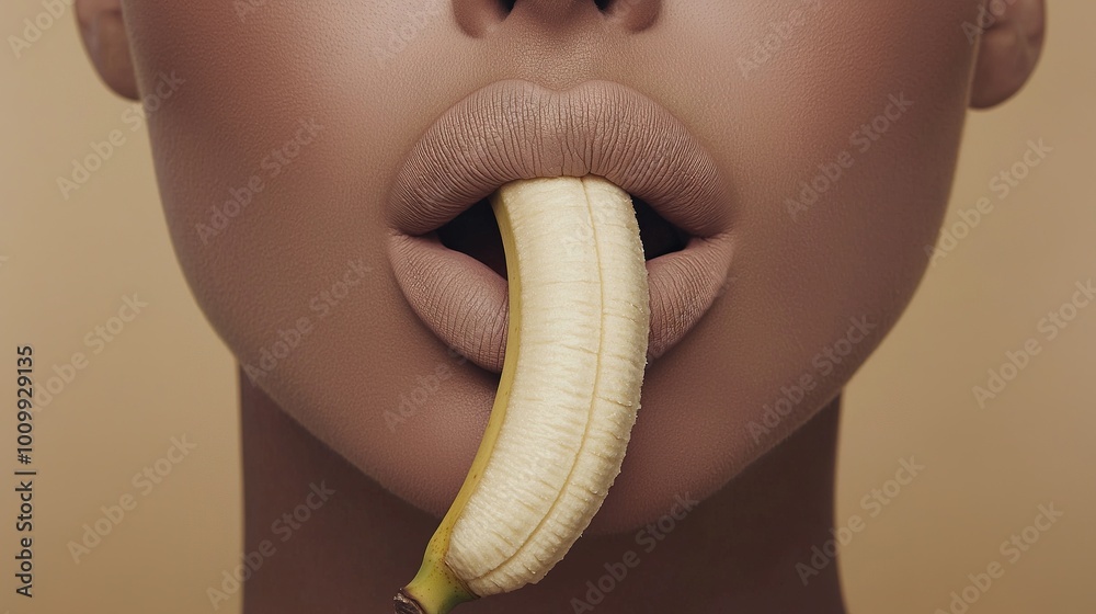 Wall mural   A woman's face with a banana sticking out of its mouth