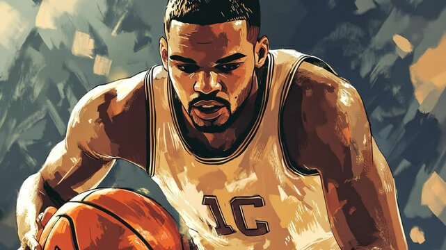 A basketball player dribbles the ball, focused on the next play