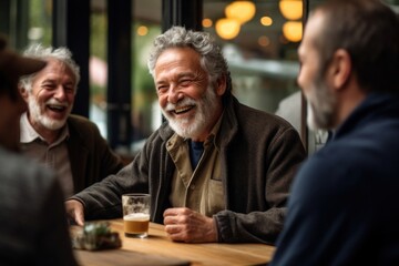 Senior gentleman engaged in a lively conversation with friends at a local cafe laughing adult togetherness.