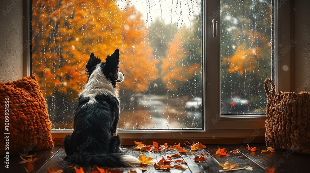 Poster  A black-and-white pooch sits by a window amidst falling leaves, with a nearby basket