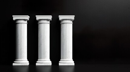 Five white marble pillars arranged against a black wall background, 3D, 8k resolution..