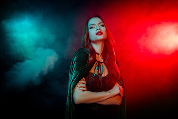 Photo of lady with crossed hands feel look tempting wear medieval stle costume isolated neon mist colorful background