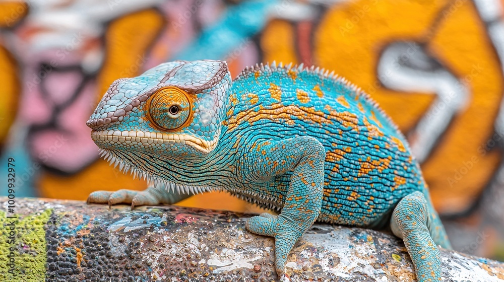 Canvas Prints   A close-up of a vibrant blue and orange lizard perched on a rock with graffiti etched into its head