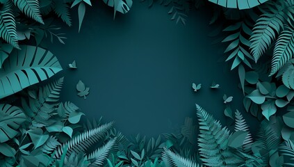 3D paper art of a forest with ferns, plants and birds on the side, dark teal...