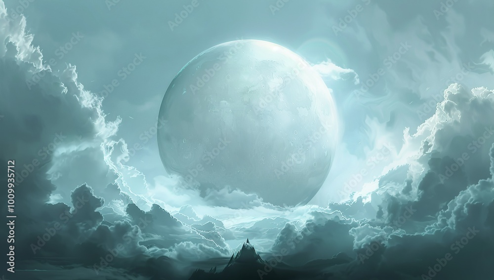 Wall mural a large white cloud in the shape of an egg, centered behind the moon in a...