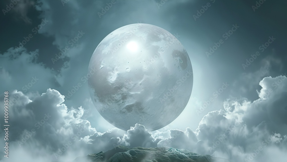Wall mural a large white cloud in the shape of an egg, centered behind the moon in a...
