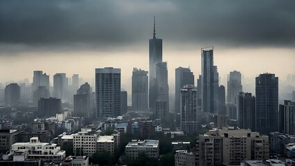Obraz premium illustration digital artwork depicting a futuristic modern cityscape under a moody, overcast sky with tall buildings and skyscrapers in a dark foggy theme 