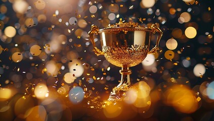 A shiny golden trophy with confetti and glitter, celebrating victory or...