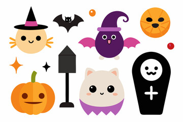 Cute Halloween set. Funny pumpkin, kawaii ghost, bat, web, broom, coffin. October holiday design elements, stickers, cat in witch hat, skull. Isolated kids childish flat graphic vector illustrations