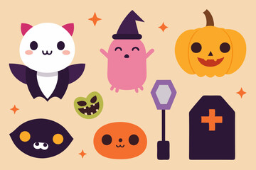 Cute Halloween set. Funny pumpkin, kawaii ghost, bat, web, broom, coffin. October holiday design elements, stickers, cat in witch hat, skull. Isolated kids childish flat graphic vector illustrations