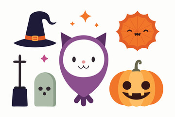 Cute Halloween set. Funny pumpkin, kawaii ghost, bat, web, broom, coffin. October holiday design elements, stickers, cat in witch hat, skull. Isolated kids childish flat graphic vector illustrations