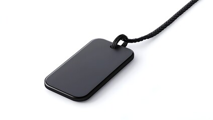 a black rectangular tag with a black cord

