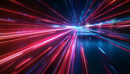 Abstract red and blue light speed lines create a background with laser beams,...