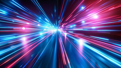 Abstract red and blue light speed lines create a background with laser beams,...