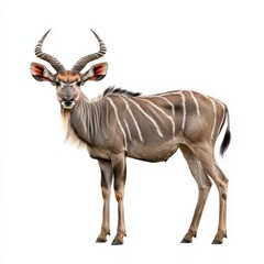 Fototapeta premium Exuding elegance, a lesser kudu stands tall, showcasing its beautifully striped coat and impressive long horns. The creature is set against a pristine white background, highlighting its features.
