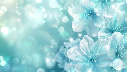 light blue background with light blue flowers, shiny and sparkling in...