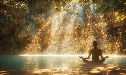 Fototapeta premium A serene image of an individual meditating by a waterfall that flows with sparkling light instead of water