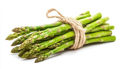   A group of green asparagus bundled with twine on a white background