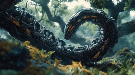 A Metallic Serpent Coiled Among Lush Foliage