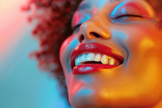 Cosmetics, skincare, and self-care humor featuring a laughing woman in a studio setting. A lighthearted take on beauty, dermatology, and body glow advertising