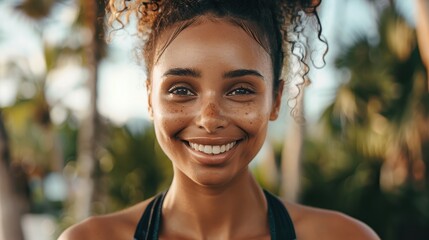 Joyful woman posing confidently with arms crossed, showcasing fitness and readiness for outdoor exercise, wellness, and athletic training