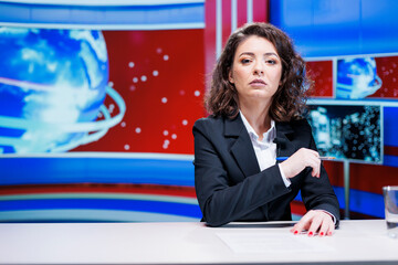 News reporter addressing daily topics on live television program to create exclusive content,...