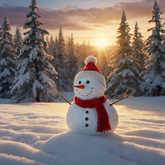 Obraz premium Cheerful Snowman in Winter Wonderland at Sunset with Red Hat and Scarf, Snow-Covered Trees, Warm Lighting, and Detailed Snow Texture – Serene Holiday Scene