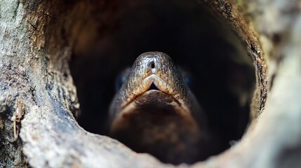 Obraz premium Turtle Peeking Out of Tree Trunk: A Close-Up View