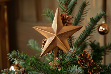 Christmas Tree Star Shining on Top with Glowing Lights and Decorative Garlands for a Festive and Joyous Holiday Display