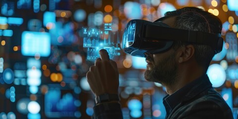 Person using virtual reality and touch graphs for data analysis in a night office setting, showcasing futuristic technology and digital holograms