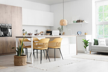 Interior of dining room with chairs, table and houseplants