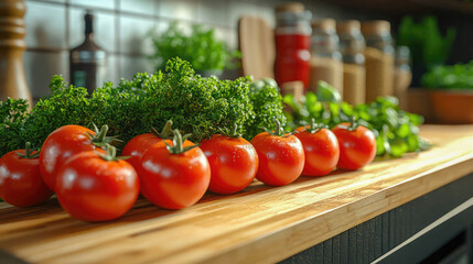 A vibrant close-up of fresh tomatoes and green vegetables arranged on a wooden board in a cozy kitchen setting