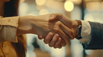Business professionals shaking hands in an office setting for onboarding, partnership, or teamwork, showcasing a positive and collaborative atmosphere
