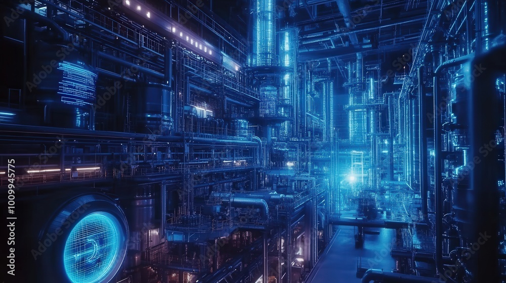 Poster inside a high-tech factory, advanced machinery illuminated by blue lights operates with artificial i