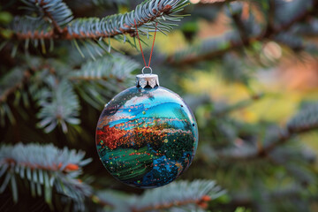 Obraz premium Christmas Ball Christmas Tree Reflective Ornament Hanging Among Pine Branches for a Shiny Festive Holiday Home Display