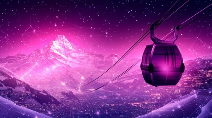 Futuristic Cable Car over Night City, Abstract Mountain Transport, Connected Dots, Triangles