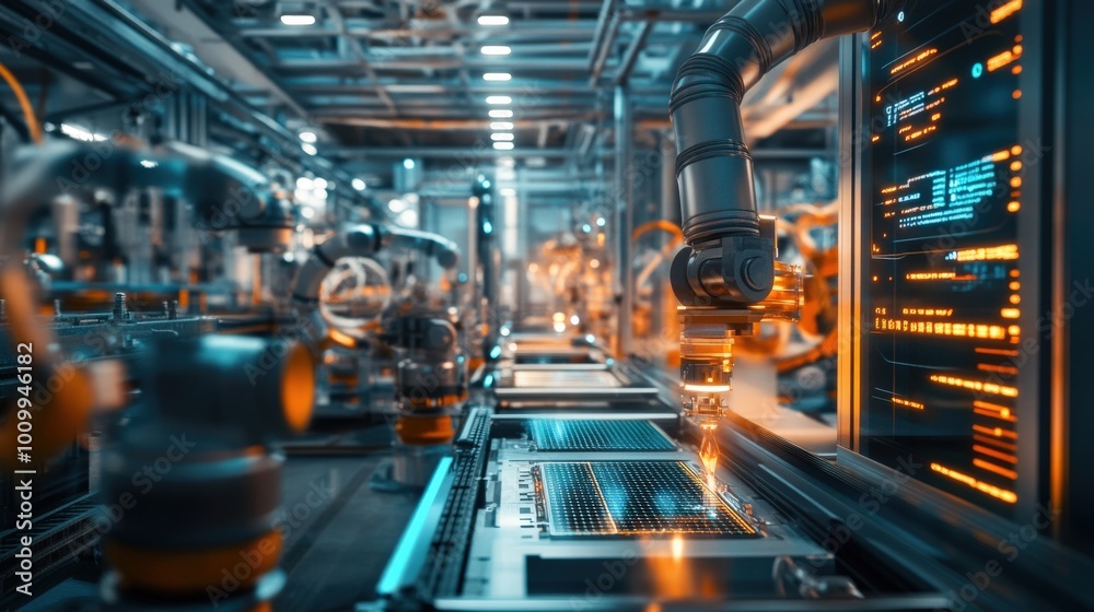 Poster this advanced factory features robotic arms efficiently assembling electronic circuits, showcasing t