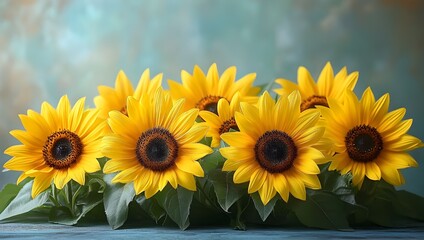 Fototapeta premium a group of sunflowers with green leaves