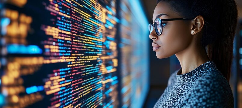 Focused Black Female Programmer Analyzing Code on Large Digital Screen, Software Development Concept