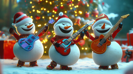 Three cheerful snowmen in New Year's costumes play guitars and dance under the Christmas tree/