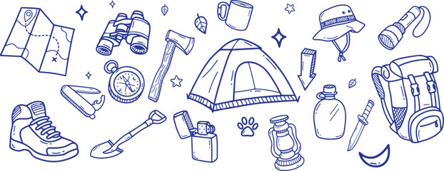 Hand drawn camping and hiking elements, isolated on white background. Cute background full of icons