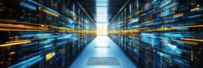 Abstract Blurry Long Exposure Light trails inside Data Center with Supercomputer Server Room