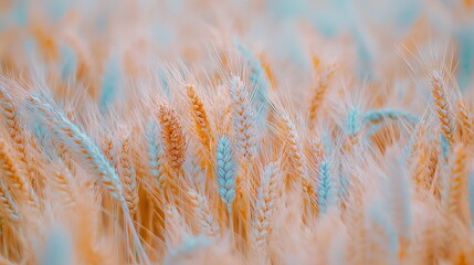 Fototapeta premium A close-up of wheat in a field with a blurry background of blue and yellow wheat stalks