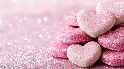 Fototapeta premium Pink hearts stacked on white tablecloth with glittery background