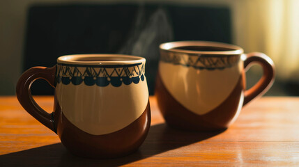 Fototapeta premium Pair of handmade cups, filled with morning coffee