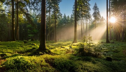 Obraz premium Sunlight Streaming Through a Misty Forest Landscape